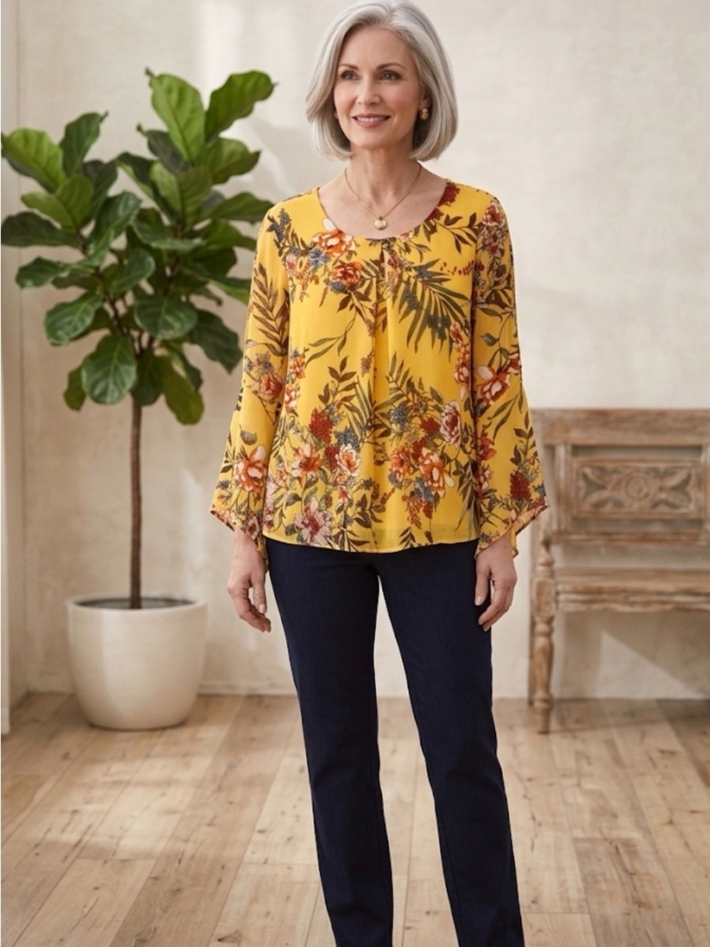 Alyx Yellow Floral Scoop-Neck Blouse